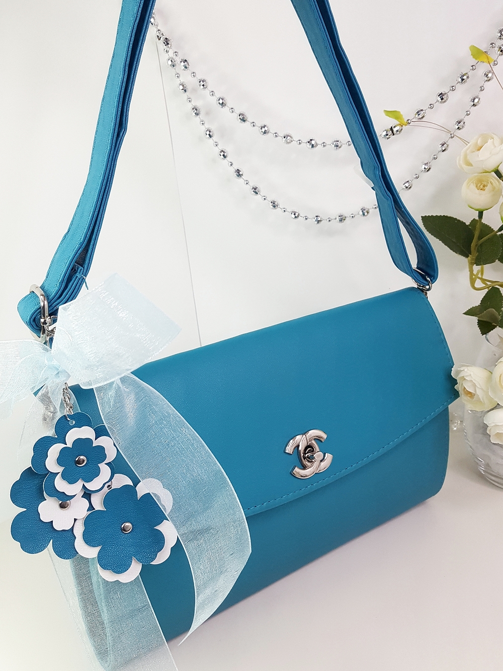 🔻Turquoise🦋Shoulder Bag/Crosdbody/Clutch with Floral Charm